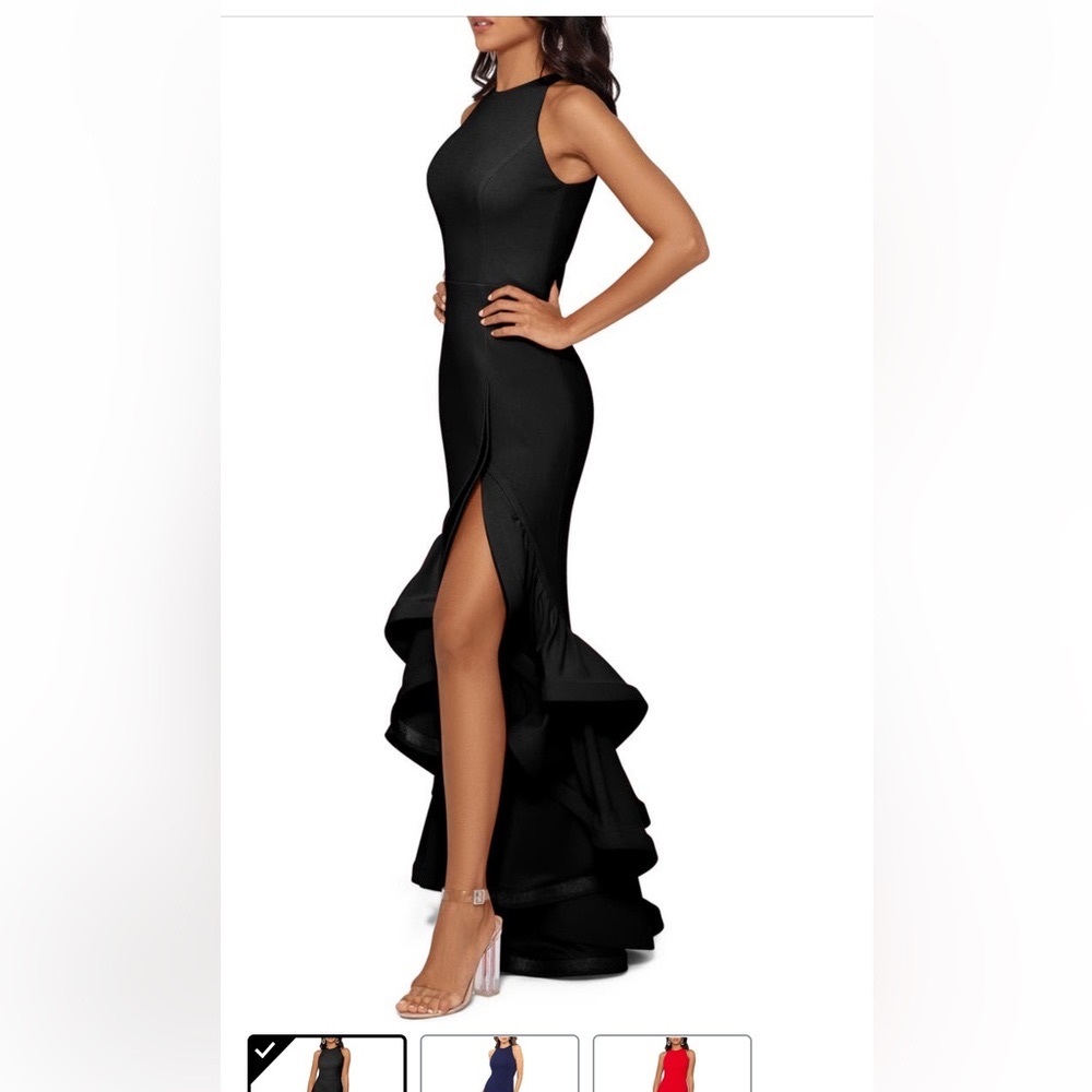 Betsey & Adam ruffled halter crepe gown